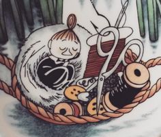 an image of a cartoon scene with scissors and other things in the basket on the table