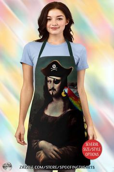 a woman wearing an apron with a painting of jesus holding a parrot on it's shoulder