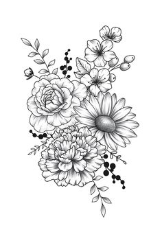 a black and white drawing of flowers