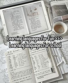 an open book with the words learning languages for fun and learning languages for school on it