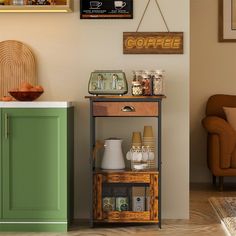 there is a coffee bar in the corner of this room with green cabinets and chairs