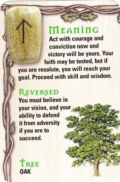 a card with an image of a tree and the words meaning