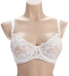 Three part underwire bra has a feminine lace cup and girlish eyelash lace edge. Multi-part, underwire cup has knit mesh lining and vertical and angled seams to create a more rounded shape. Unpadded floral lace cup has angled and vertical seaming for shape. Elasticized edge of cup has pretty, floral lace with a scalloped edge that peeks over top of the cup. Wide arched center panel features a satin bow at top. Seamed, tall mesh sides and back have sewn-on elastic along edges for fit. Wide-set ela Full Coverage Padded Bra For Wedding, Wedding Full Coverage Bra With Padded Cups, Beige Padded Cups Bra For Wedding, Wedding Bra With Padded Cups, Beige Padded Cup Bra For Wedding, Feminine Full Coverage Bra With Lace Trim, Feminine Lace Bra, Classic Lace Fitted Bra, Wedding Full Coverage Padded Bra