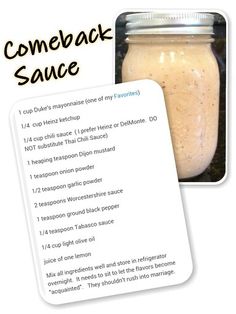 an image of some type of sauce in a glass jar with instructions on the side