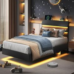 a bed room with a neatly made bed and space themed wallpaper