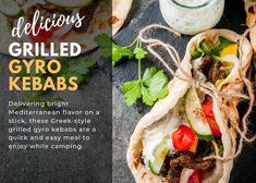 an advertisement for grilled gyro kebabs on a table with vegetables and pita bread