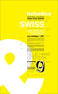 a poster with the letter q in white and black on a yellow background that says, helvetica swiss