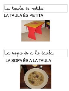 two pictures with different words in spanish and english, one has a bowl of soup on it