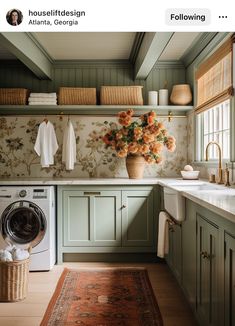 an image of a laundry room with flowers on the wall