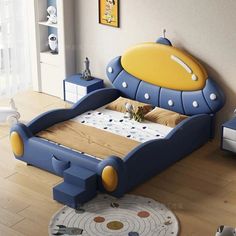 a child's bedroom with a bed and toys on the floor