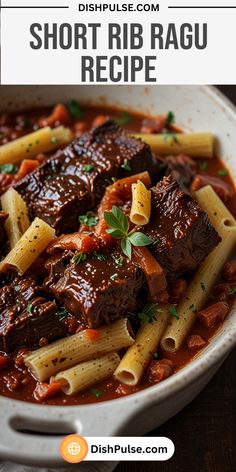 beef ragu recipe in a white bowl with text overlay that reads short rib ragu recipe