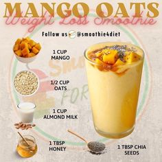 the ingredients for mango oats smoothie are shown