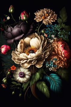 a bouquet of flowers on a black background