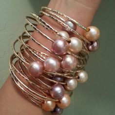 Twelve 14k Rose Gold Bangles with Fresh Water Pearls $475 Best Friends Holiday, Rose Gold Bangles, Friends Holiday, Hammered Bangles, Yellow Gold Bangle, Rose Gold Bangle, Bangles Making, Fresh Water Pearls, Water Pearls