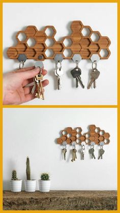 two pictures showing different key holders on the wall and in front of them, one is holding several keys