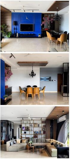 three different views of a living room and dining room in one photo, the other is an open concept