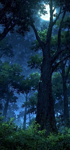 an image of a forest at night with the moon in the sky