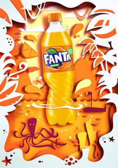 a bottle of orange juice with an octopus on it's side and the word fanta in front