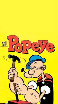 an old cartoon character holding a hammer in front of a yellow background with the words pope on it