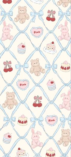 a wallpaper with teddy bears and cakes on it's back side, in pastel colors