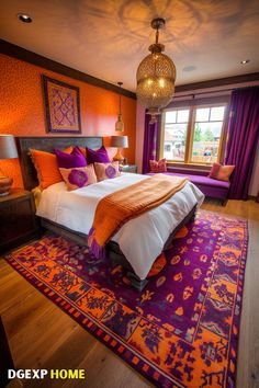 Bold Boho bedroom with purple and orange accents, eclectic decor, and cozy textiles Purple Accent Wall, Orange Throw Blanket, Apartment Projects, Purple And Orange