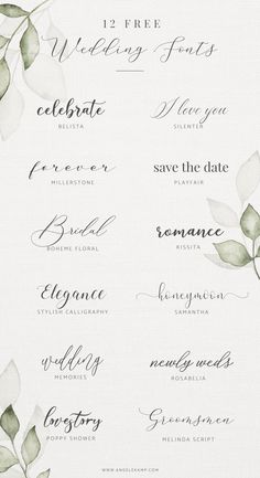 wedding font and numbers with leaves on them