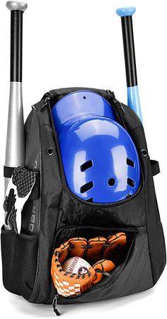 a back pack with baseball equipment in it and two bats sticking out of the back