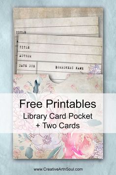 the free printable library card pocket and two cards are shown with text overlay