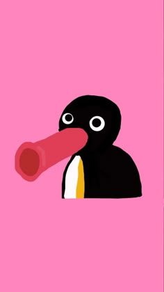 a pink background with a black bird and a red tube sticking out of it's mouth