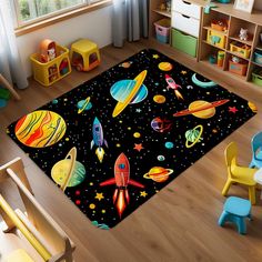 a child's room with toys and rugs on the floor