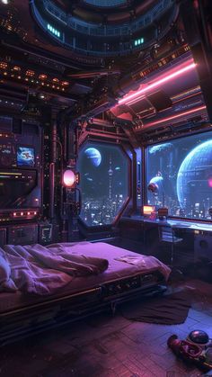 a futuristic bedroom with a view of the planets