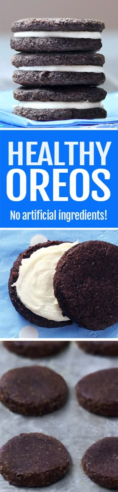 chocolate cookies with white frosting are stacked on top of each other and the words healthy oreos above them