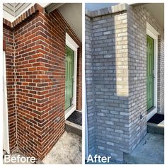 before and after photos of a brick house with green door, window and side entry