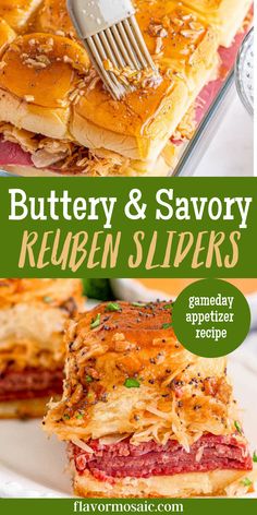 a close up of a sandwich on a plate with the words buttery and savory reuben slippers