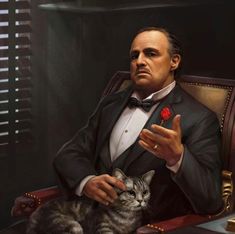 a painting of a man in a tuxedo with a cat on his lap