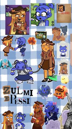 an image of some cartoon characters on a blue and white checkered tablecloth with the words ullmi pesi