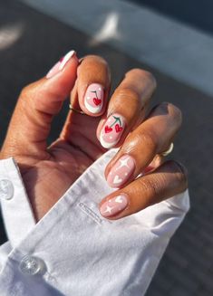 Red Nail Looks, Cherry Red Nail, Nail Heart, Cherry Red Nails, White Nail Ideas, Nail Printer, Galaxy Nail Art, Pink Chrome Nails, Funky Nail Art