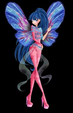 a woman dressed in pink and blue with wings