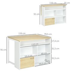 two white and oak bookcases are shown with measurements for each shelf in the same size