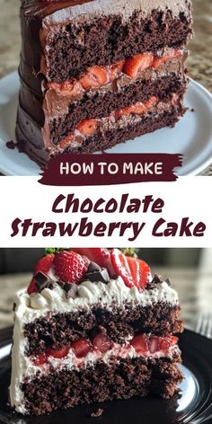 chocolate cake with strawberries and whipped cream on top is cut in half to show the layers