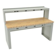 the bench is made out of metal and has a wooden shelf on one side,