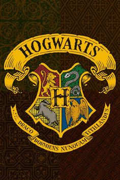 the hogwarts crest is shown on a brown background with gold lettering and an ornate pattern