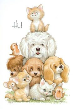 a drawing of dogs and kittens on top of each other