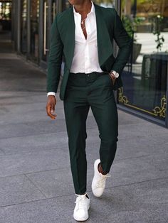 Dark Green Work Collar   Plain  Embellished Non-Stretch  Men Clothing Green Shirt Men Outfit, Male Semi Formal Outfits, Green Outfits For Men, Reception Outfit For Men, Black Men Business Casual Outfits, Wedding Outfit Men Guest, Summer Formal Outfit, Green Outfit Men, Dark Green Suit