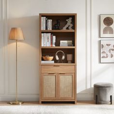 a living room with a bookcase and lamp on the floor next to a white rug