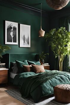 a bedroom with dark green walls and wooden flooring, two pictures hang above the bed