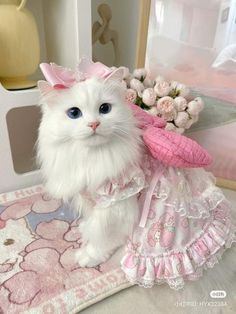 a white cat wearing a pink dress next to flowers