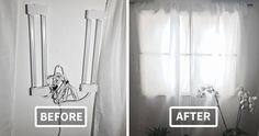 before and after photos of curtains in a bathroom with the light coming from behind them