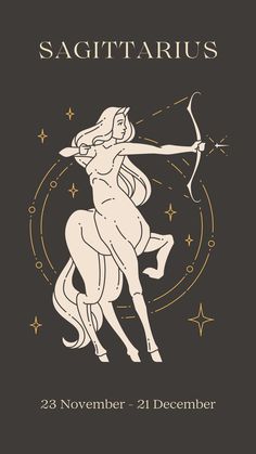 the zodiac sign for sagittatus is shown in gold and white on a black background