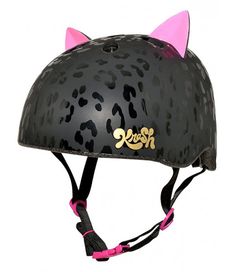 a black helmet with pink ears and cat ears on it's face is shown in front of a white background